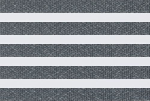 Horizontal zebra-style window blind with alternating textured gray woven and opaque white bands, aligned to create stripes, filling frame in neutral, evenly lit close-up with no visible room or view.