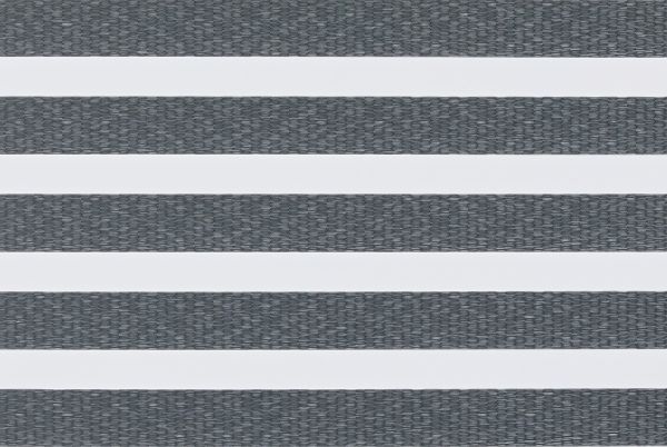 Horizontal zebra-style window blind with alternating textured gray woven and opaque white bands, aligned to create stripes, filling frame in neutral, evenly lit close-up with no visible room or view.