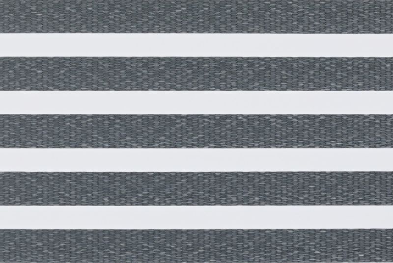 Horizontal zebra-style window blind with alternating textured gray woven and opaque white bands, aligned to create stripes, filling frame in neutral, evenly lit close-up with no visible room or view.