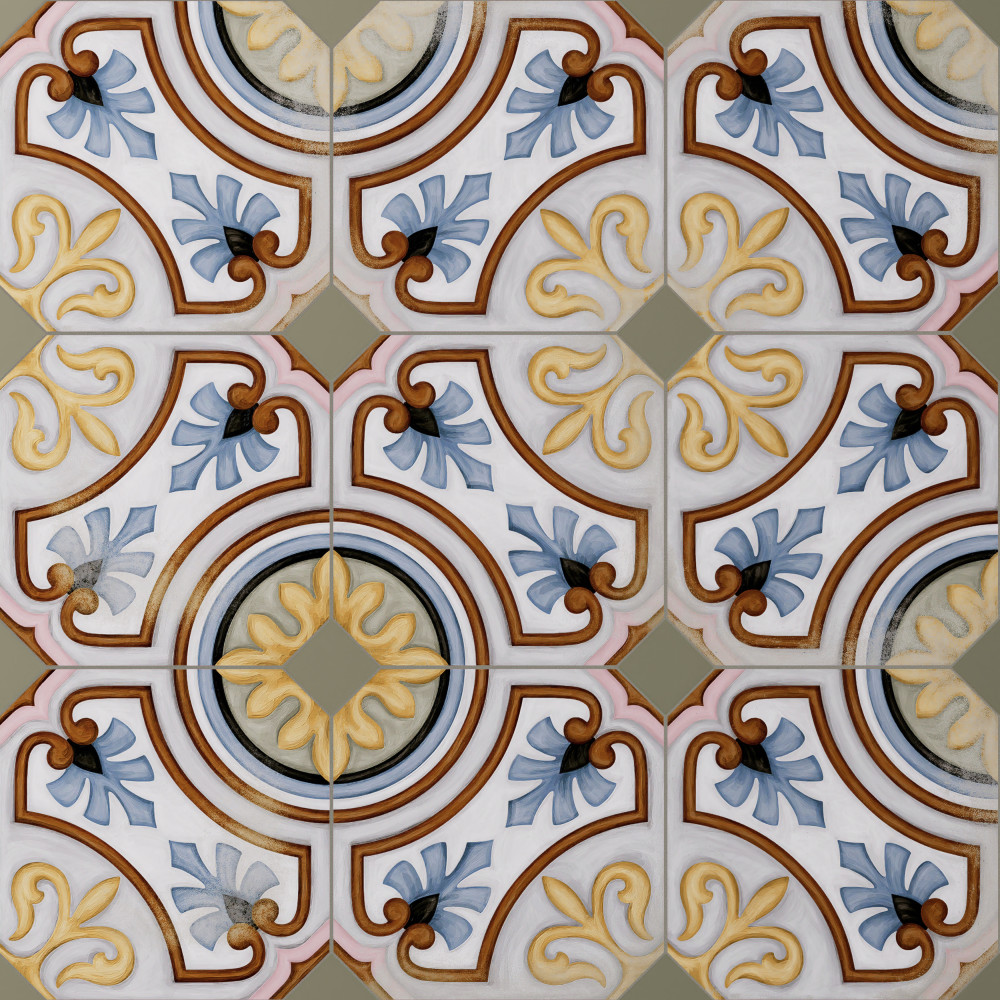 Vaudeville Octagon Deco Diglas with Taco Oliva 7-7/8 in. x 7-7/8 in. Porcelain Floor and Wall Tile
