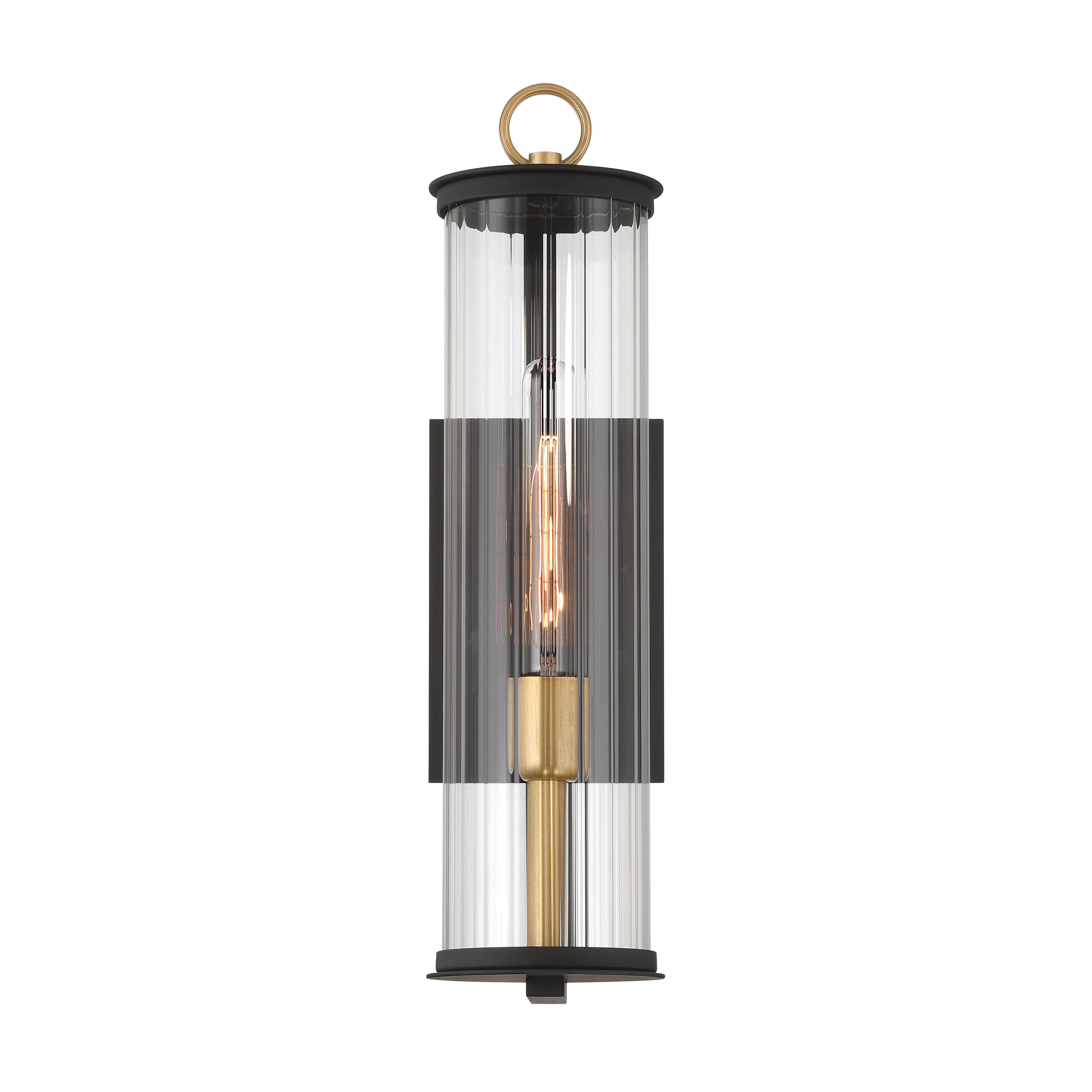 The Cara outdoor wall sconce combines dark matte black with legacy brass accents and clear ribbed glass for a sophisticated modern look. At 19.25" tall, it provides substantial presence while maintaining a sleek 5" profile. - alternate view
