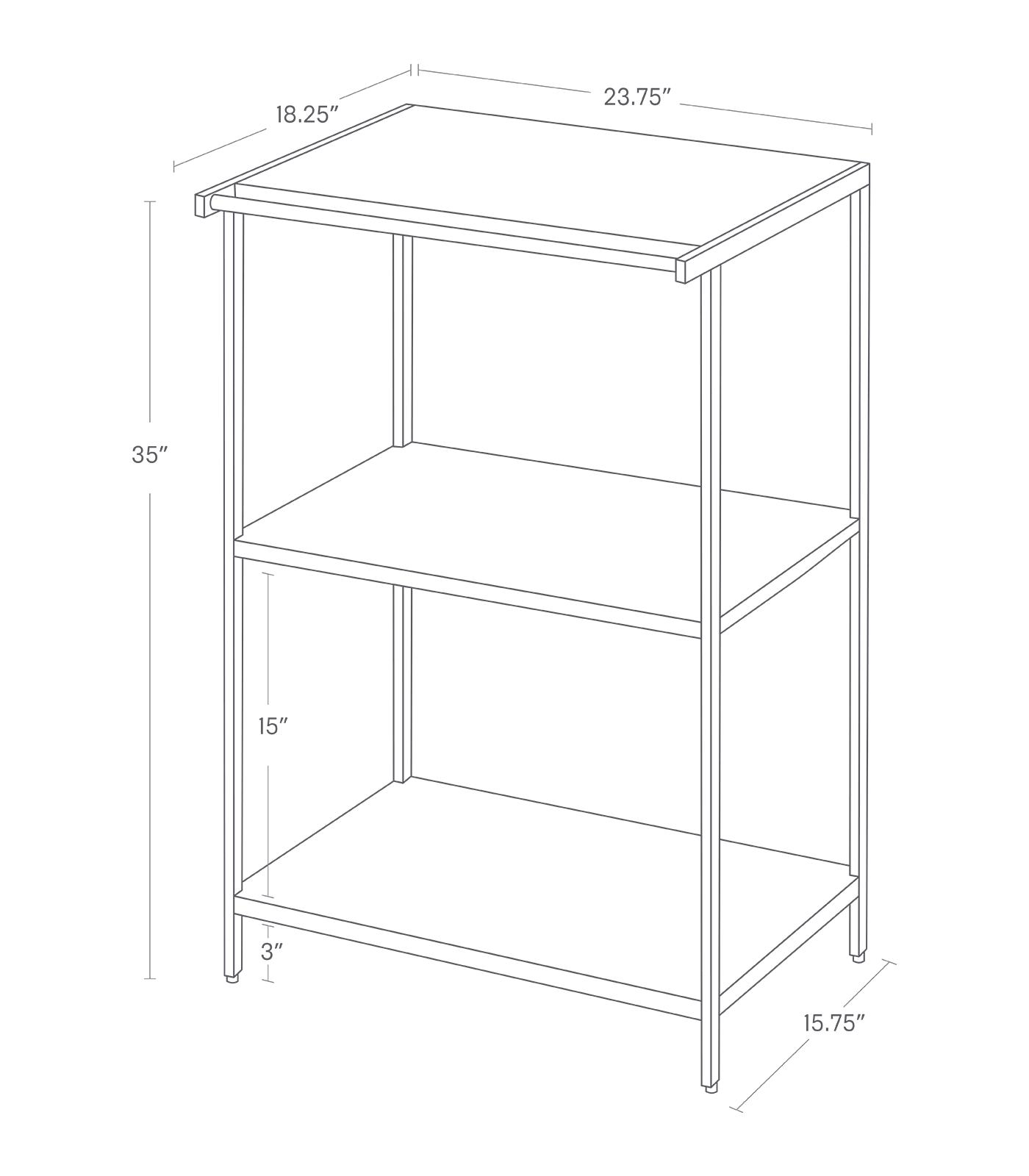 TOWER Storage Rack. Size: 35 inches. 35 inches tall, 23.75 inches long, 18.25 inches wide. Bottom shelf 3 inches from ground, shelves 15 inches apart.