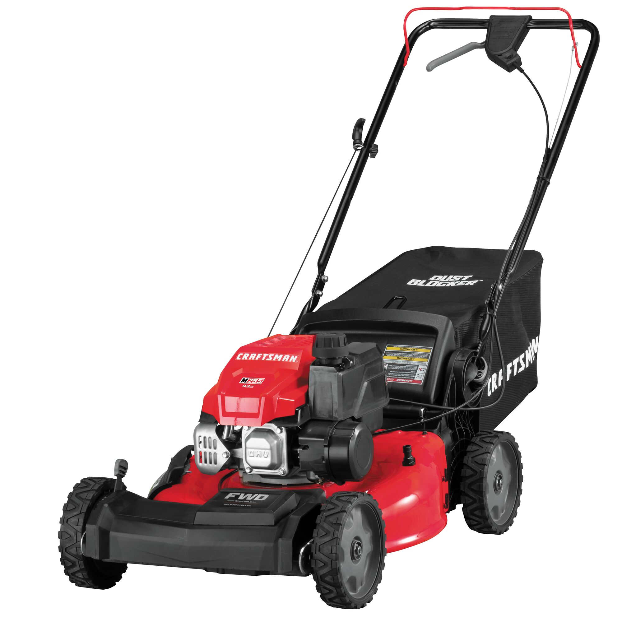 Left profile of 21 inch 149 c c front wheel drive self propelled lawn mower.