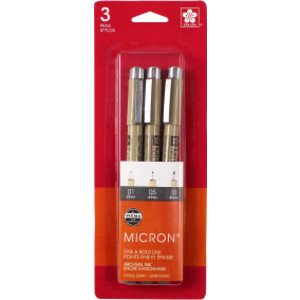 Pigma Micron Pens, Cool Gray, Assorted Sizes, 3-Piece Set, Blister Card