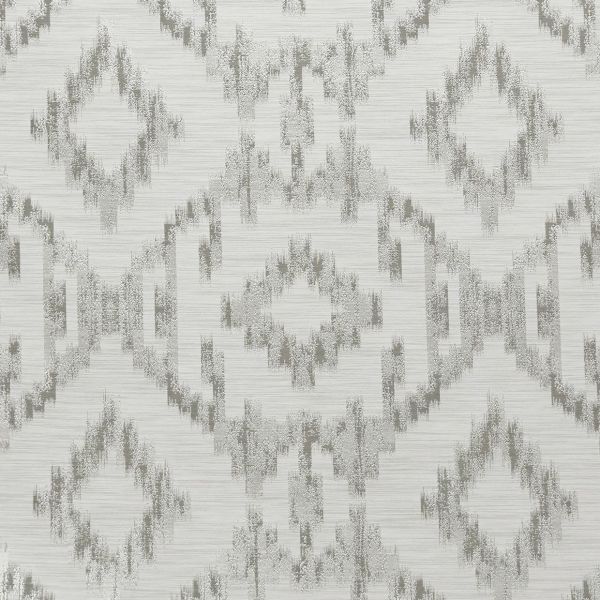Textured wallpaper with horizontal grain, featuring repeating distressed ikat-style diamond motifs in silvery gray; pattern repeats across an off-white surface, close-up view with neutral, soft lighting.