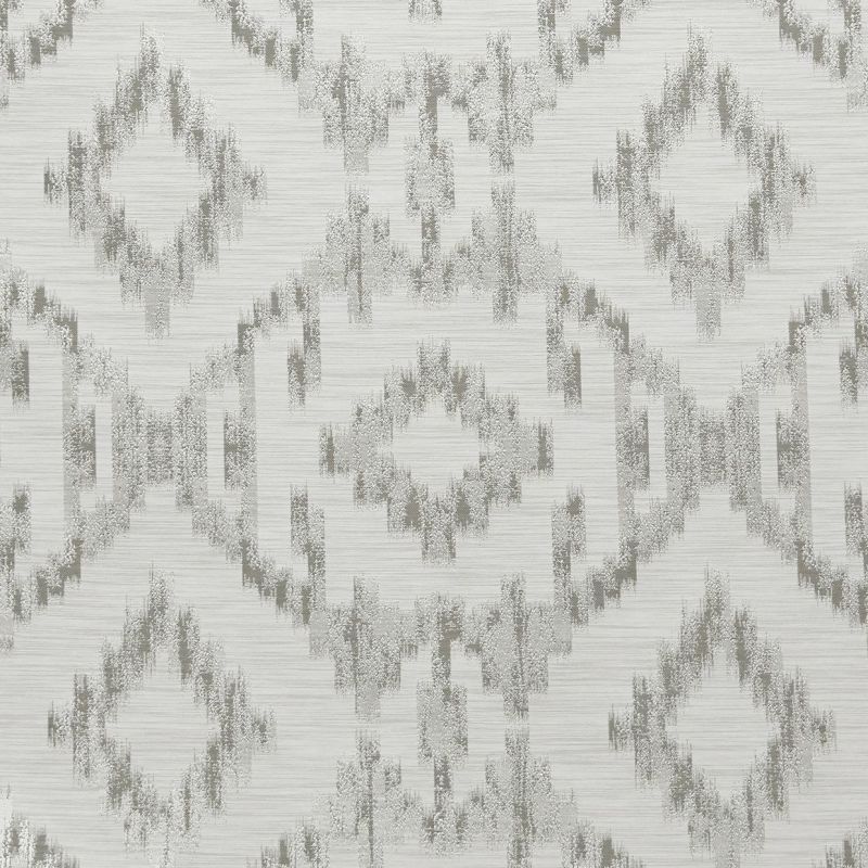 Textured wallpaper with horizontal grain, featuring repeating distressed ikat-style diamond motifs in silvery gray; pattern repeats across an off-white surface, close-up view with neutral, soft lighting.