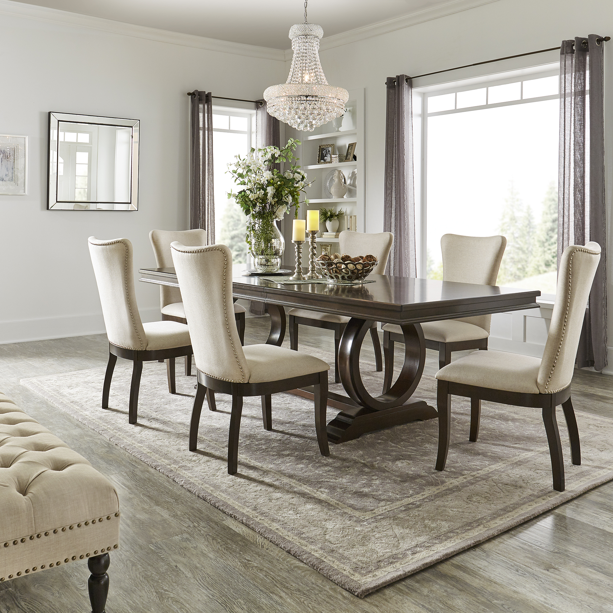 Dark Cherry Wood and Beige Fabric Extendable Dining Set