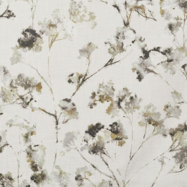 Light linen fabric with watercolor-style floral sprigs in muted olive, gray and black; pattern scattered across the surface, printed close-up, suggesting wallpaper or upholstery in soft, neutral lighting.