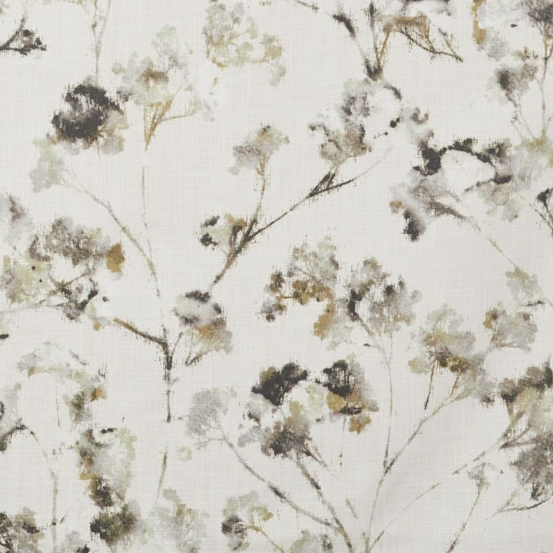 Light linen fabric with watercolor-style floral sprigs in muted olive, gray and black; pattern scattered across the surface, printed close-up, suggesting wallpaper or upholstery in soft, neutral lighting.