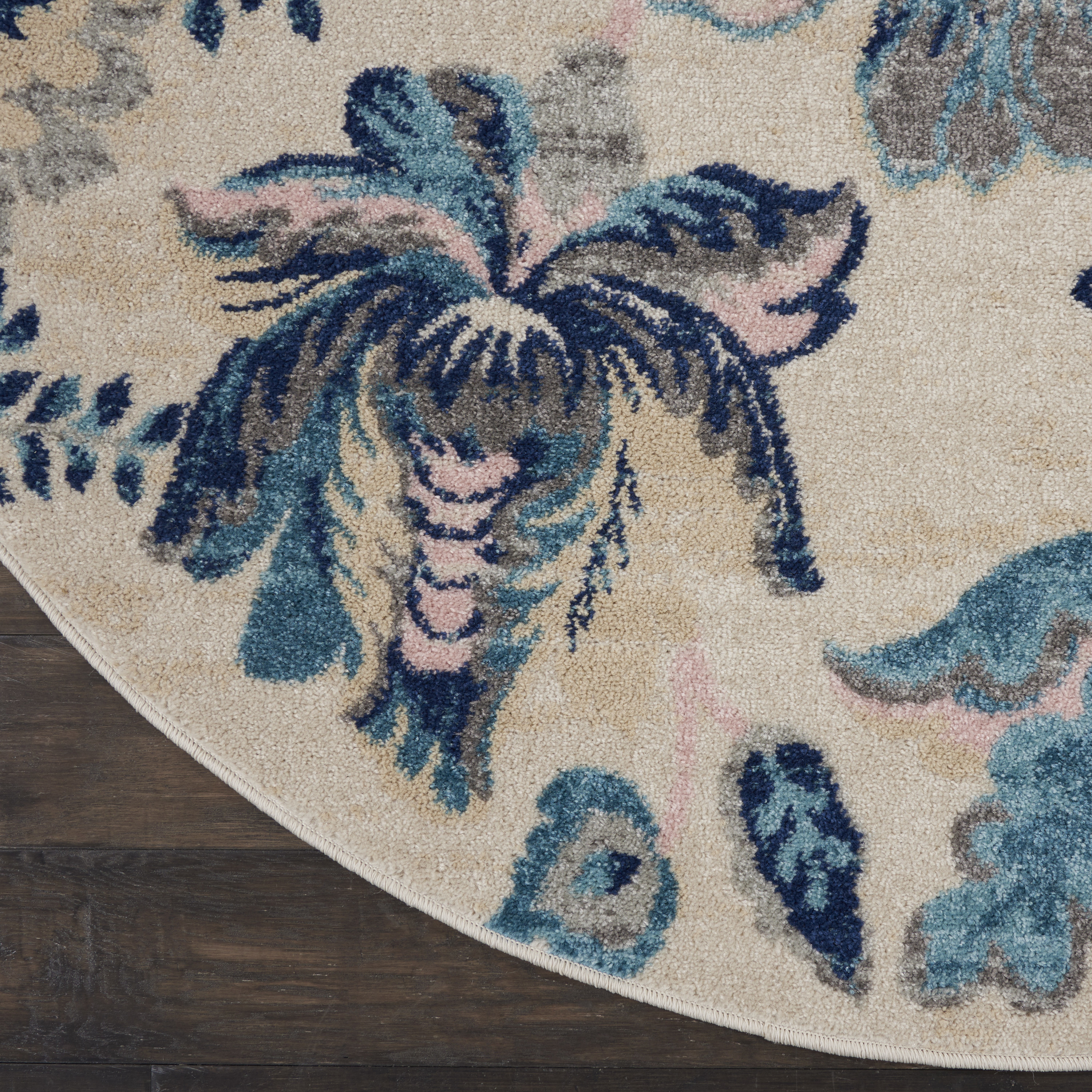 Nourison Tranquil 5'3" x Round Ivory/Light Blue Farmhouse Indoor Rug