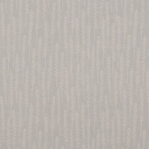 Wallpaper with vertical, stylized wheat-like beige motifs; repeats subtly across a light grey ground, covering a wall and providing soft textured patterning in a neutral interior with diffuse lighting.