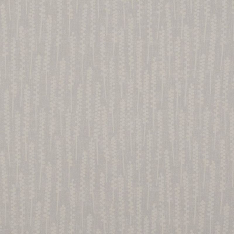 Wallpaper with vertical, stylized wheat-like beige motifs; repeats subtly across a light grey ground, covering a wall and providing soft textured patterning in a neutral interior with diffuse lighting.