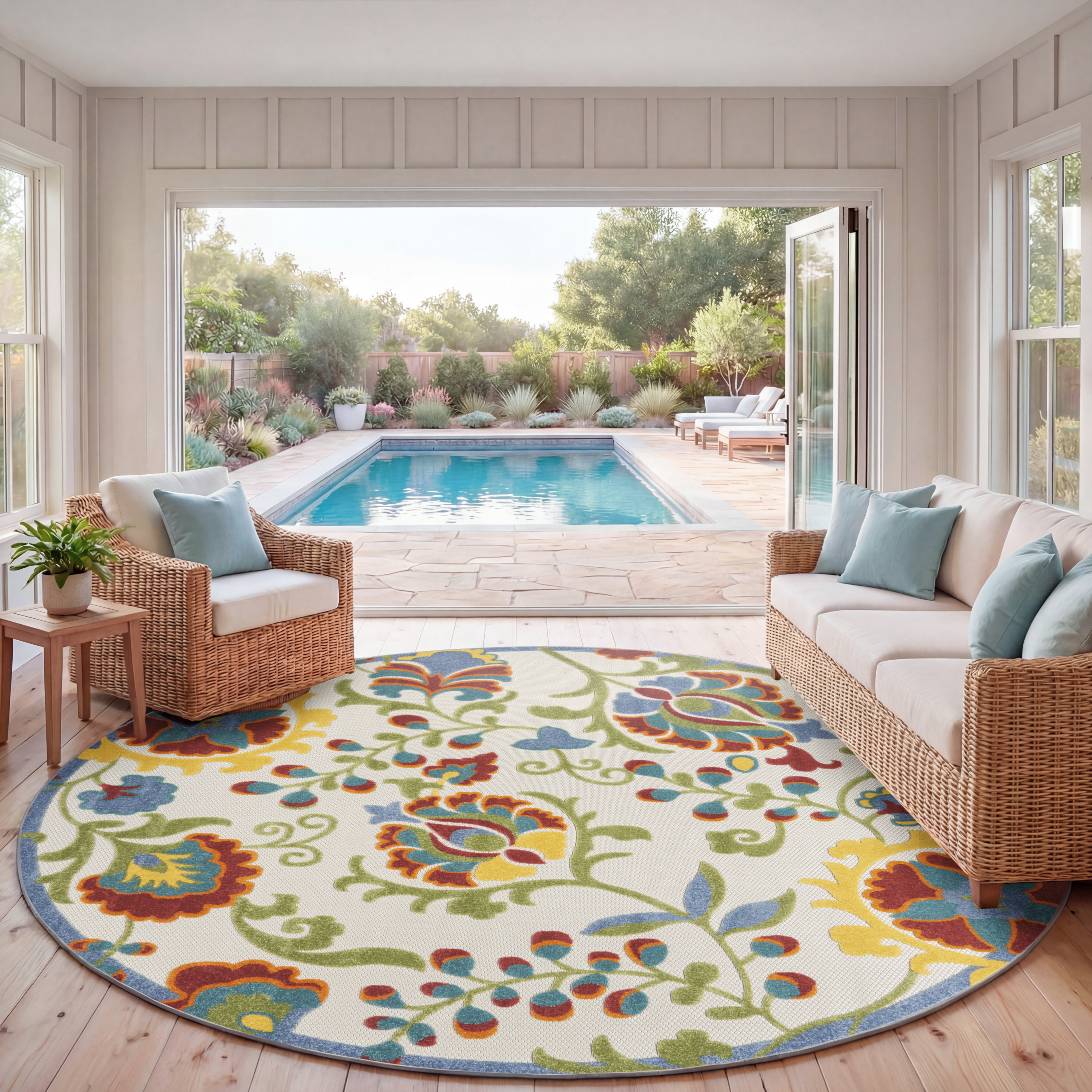 Nourison Aloha 7'10" x Round Ivory Multicolor Farmhouse Rug