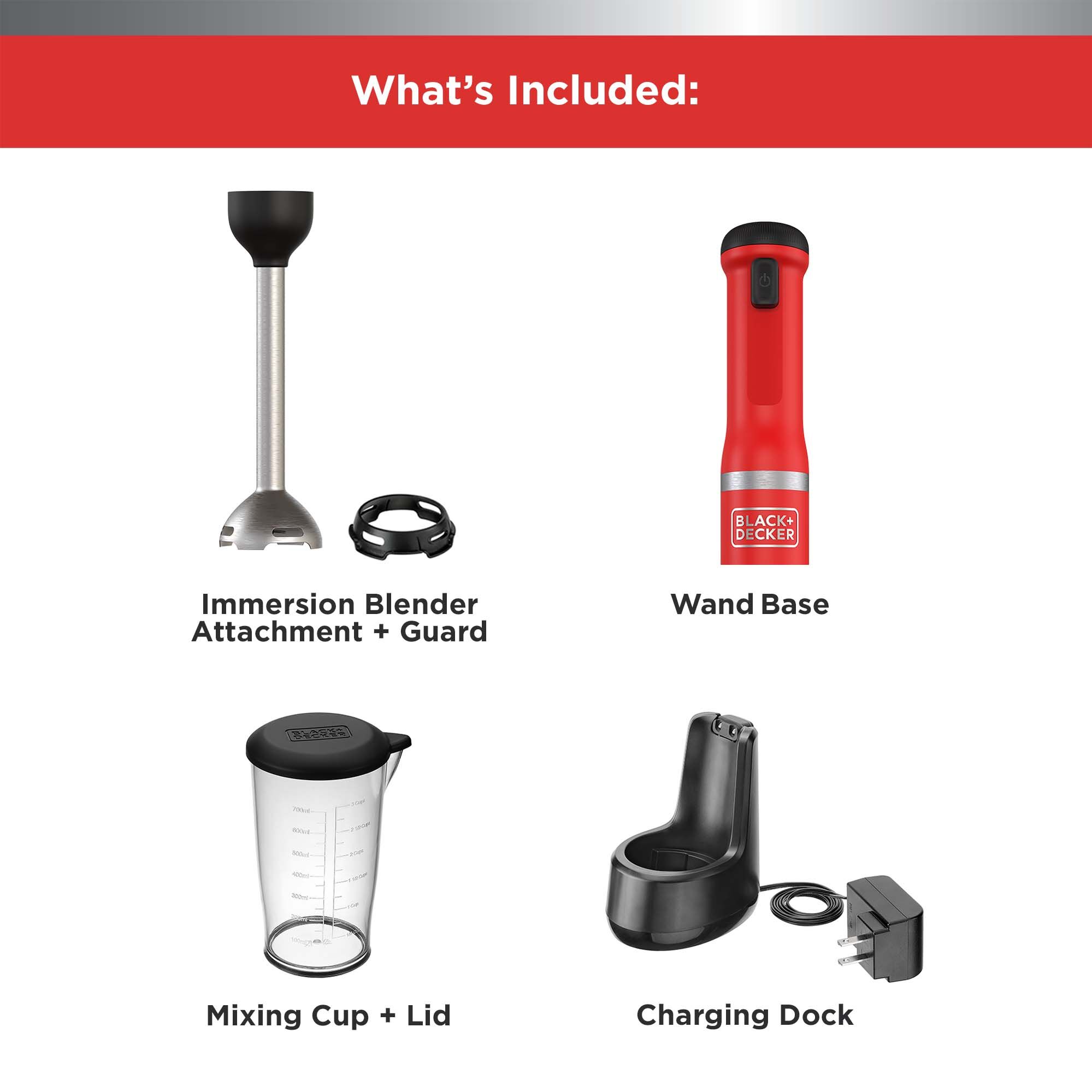 Components included in the BLACK+DECKER kitchen wand Red Immersion Blender Kit