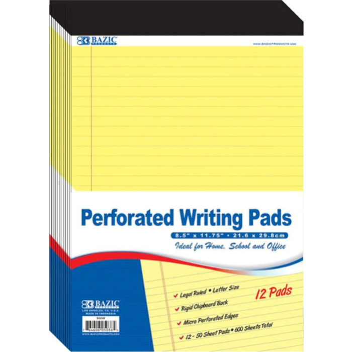 Perforated Writing Pads, 8.5" x 11.75", Canary, 50 Sheets, Pack of 12