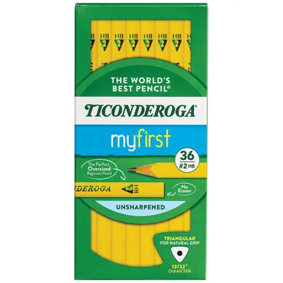 Ticonderoga My First Tri-Write Wood-Cased Pencils, Unsharpened, #2 HB Soft, Without Erasers, Yellow, 36 Count