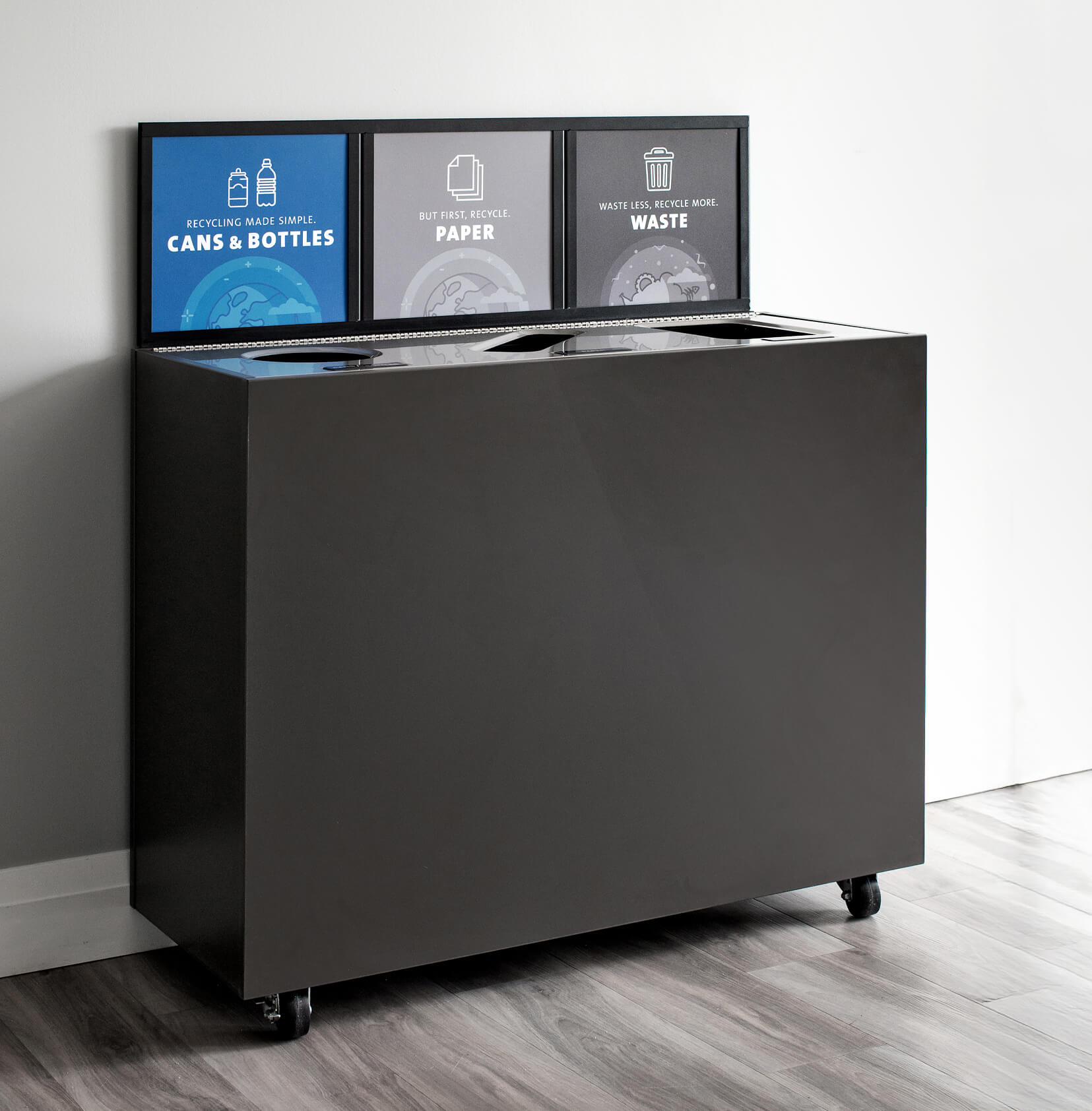 classy recycling and waste bin in an upscale corporate office with casters and a sign frame