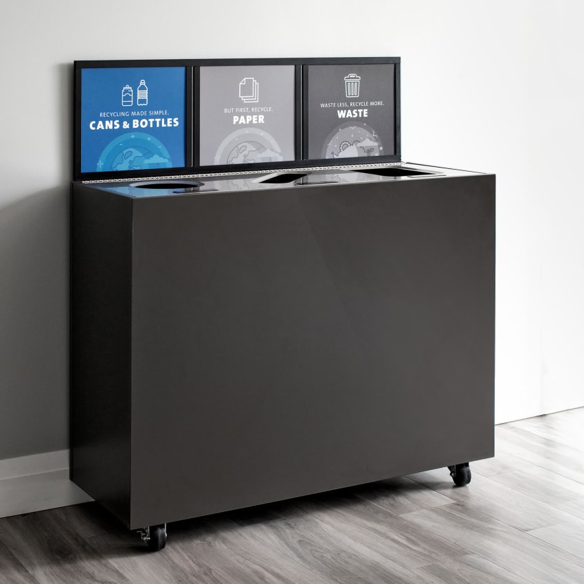 classy recycling and waste bin in an upscale corporate office with casters and a sign frame