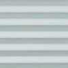 Horizontal pleated fabric blinds occupy the full frameâ€”wide, alternating pale and muted blueâ€‘gray bands with woven texture; closed and filtering soft light; neutral interior setting with diffused illumination.