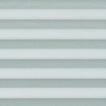 Horizontal pleated fabric blinds occupy the full frameâ€”wide, alternating pale and muted blueâ€‘gray bands with woven texture; closed and filtering soft light; neutral interior setting with diffused illumination.