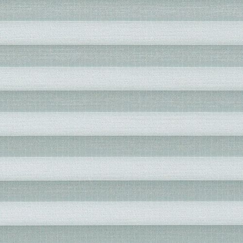 Horizontal pleated fabric blinds occupy the full frame—wide, alternating pale and muted blue‑gray bands with woven texture; closed and filtering soft light; neutral interior setting with diffused illumination.