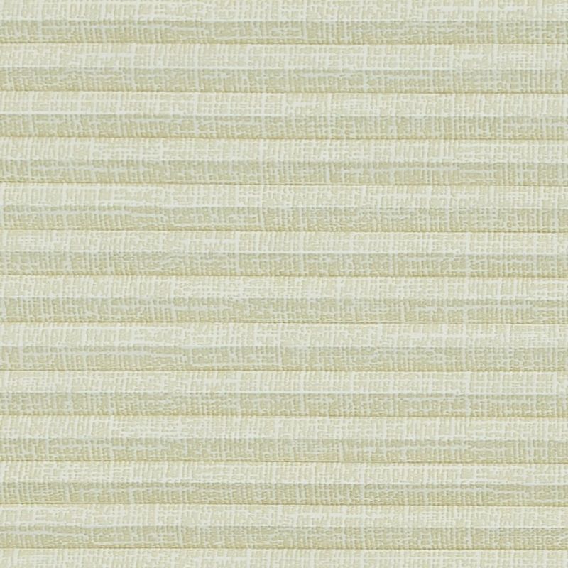 Cream pleated cellular blind with fine woven texture, fully closed, diffusing soft indoor light across a neutral wall in a calm interior.