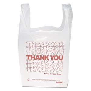 Inteplast, "Thank You" Handled T-Shirt Bag, Have a Nice Day Labeling, Cut-Out Handles, 11.5" x 6.5" x 21", White/Red,