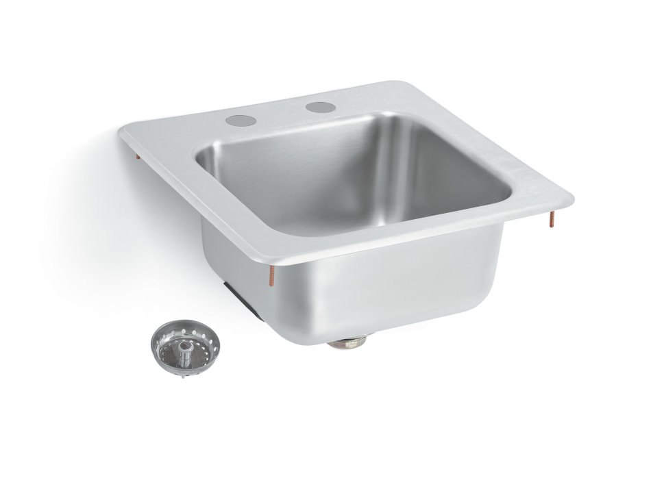 15" x 15" x 6-3/16" single-bowl stainless steel drop-in sink with 2 faucet holes and sink strainer