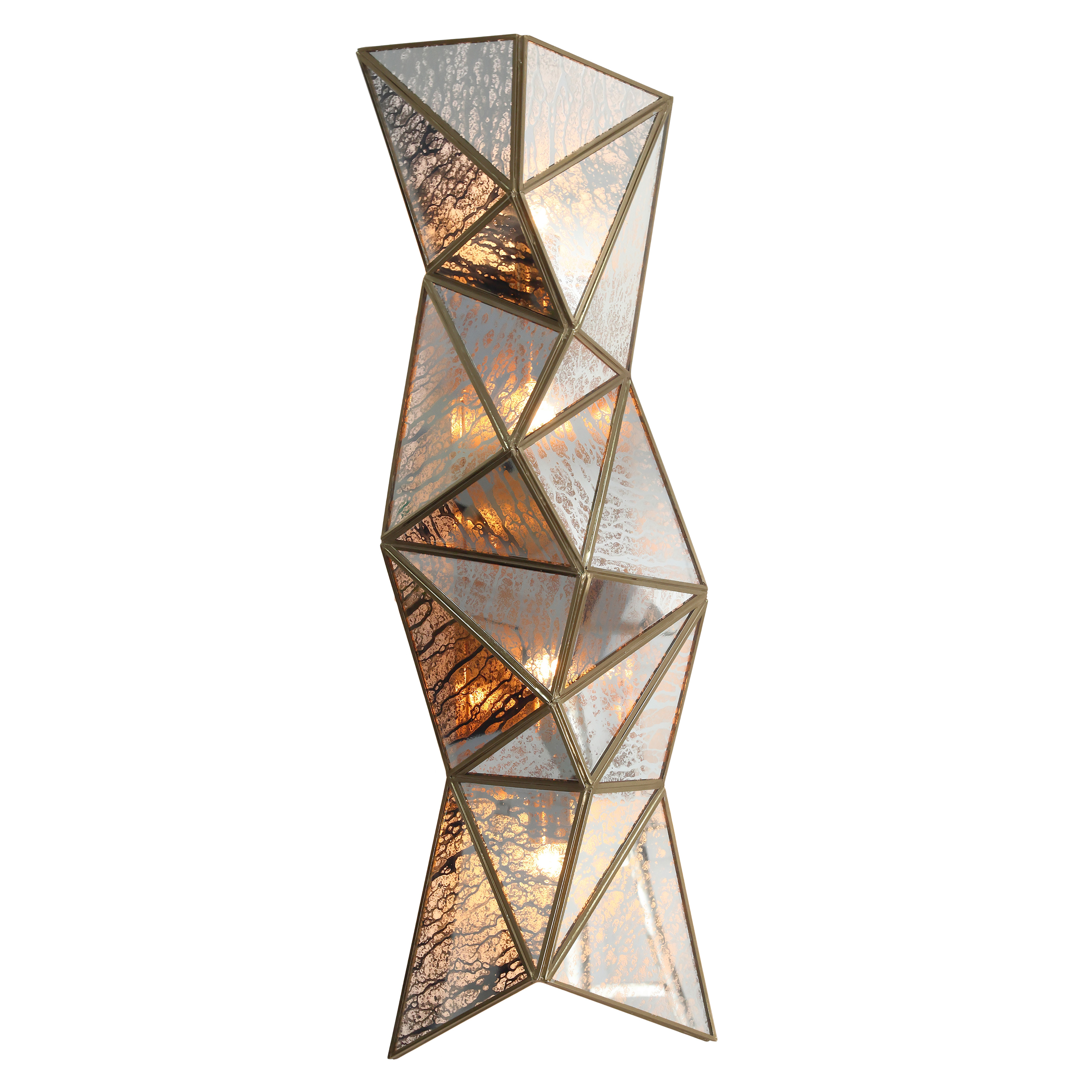 The Geo-Gem wall sconce combines contemporary geometric styling with Art Deco glamour. Four lights behind antique mercury glass panels create dramatic reflections, while the artisan brass finish adds warmth and sophistication. - alternate view