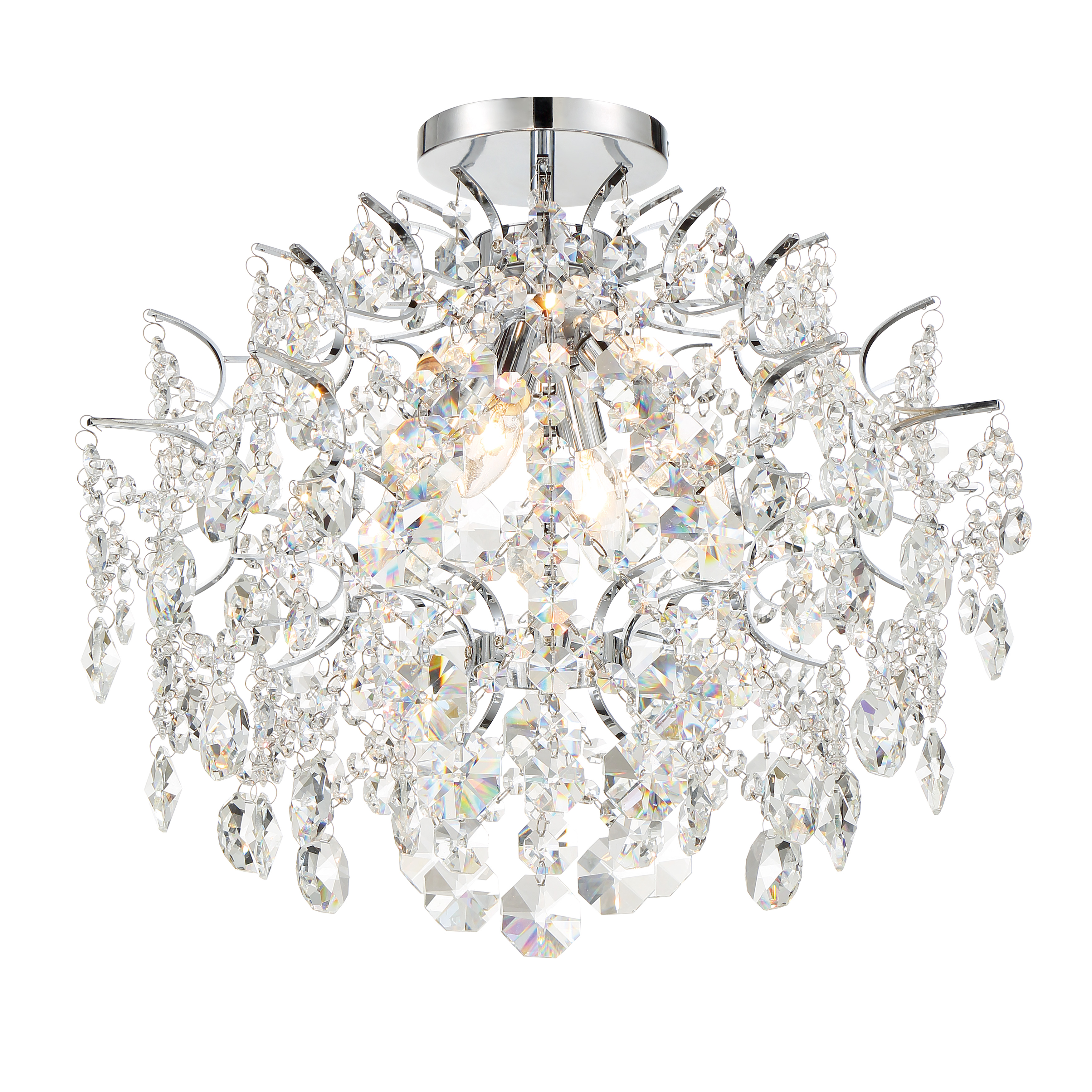 The Isabella's Crown mini chandelier combines sparkling crystal accents with a polished chrome frame for sophisticated elegance. At 18 inches wide, it's perfectly scaled for intimate dining spaces, bedrooms, or entryways. - alternate view