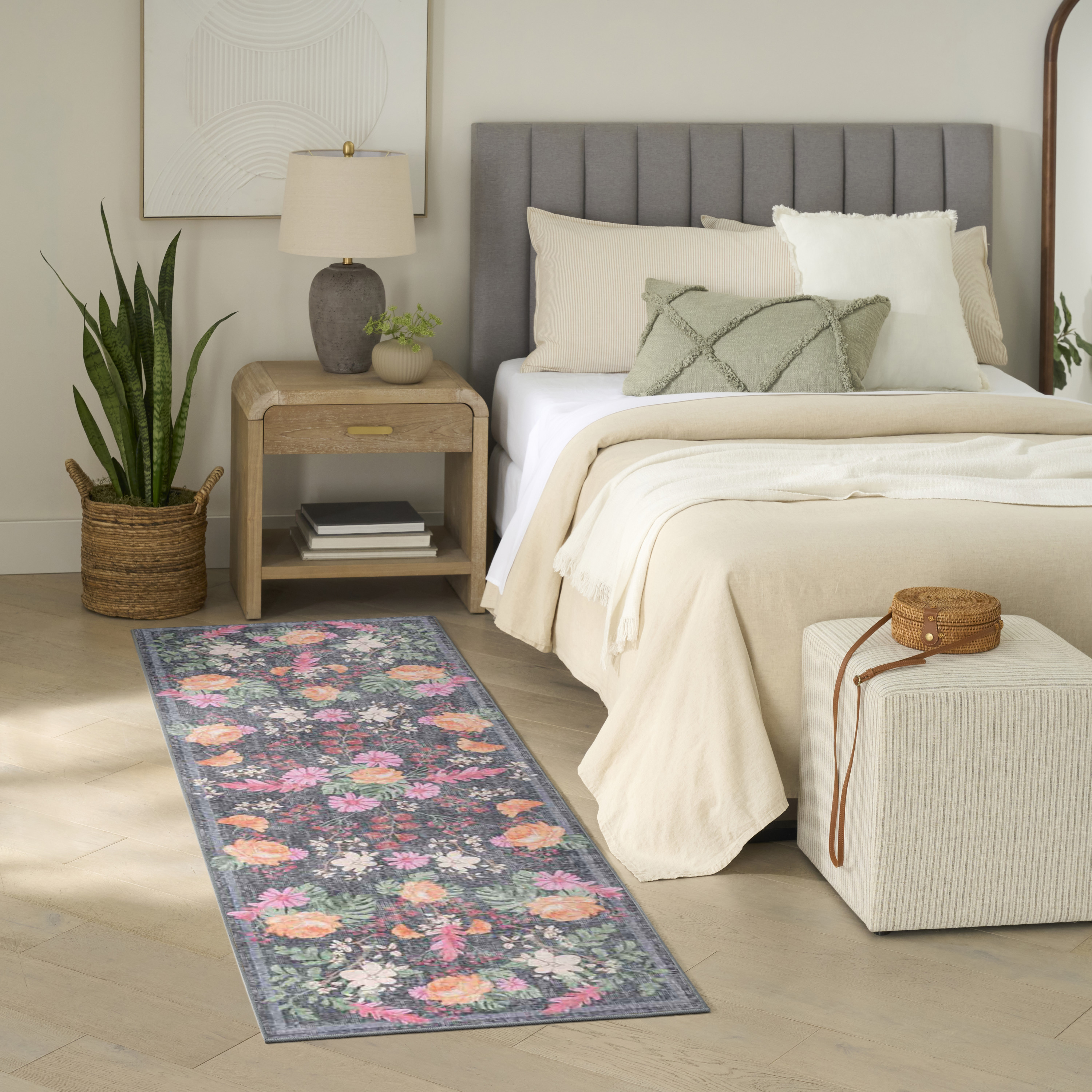 Nourison Botanical Washables 2' x 6' Charcoal Multicolor Farmhouse Indoor Rug