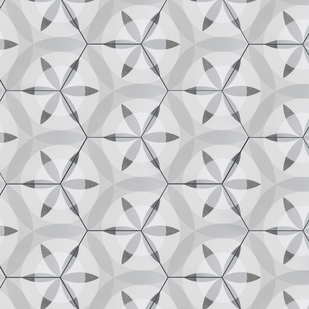 Hexatile Nature Matte Black and White 7x8 Hexagon Porcelain Floor and Wall Digital Pattern