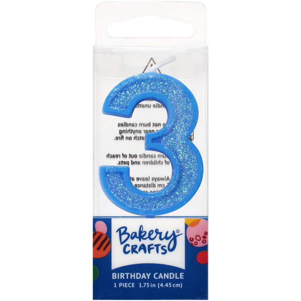 3 Mini Blue Glitter Numeral Candles
