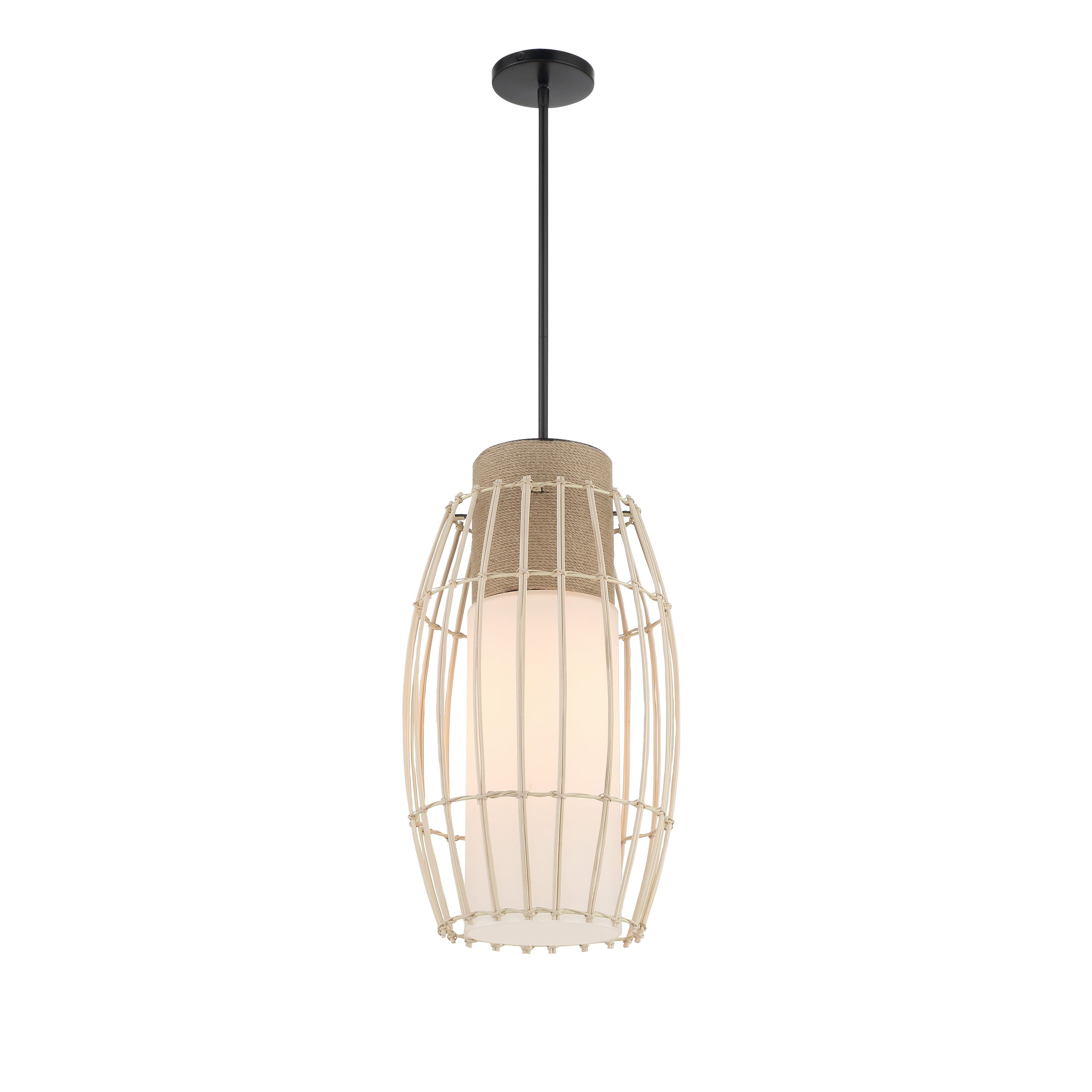 The Watermill pendant by designer Robin Baron combines natural wicker with coal black steel for a sophisticated coastal aesthetic. Its compact 12.5-inch diameter makes it ideal for smaller spaces while the rope accent adds artisanal charm. - alternate view