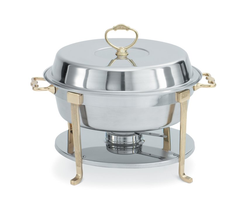 5 ⅘-quart round chafer in mirror finish and classic brass trim with food pan, water pan, dome cover and fuel holder