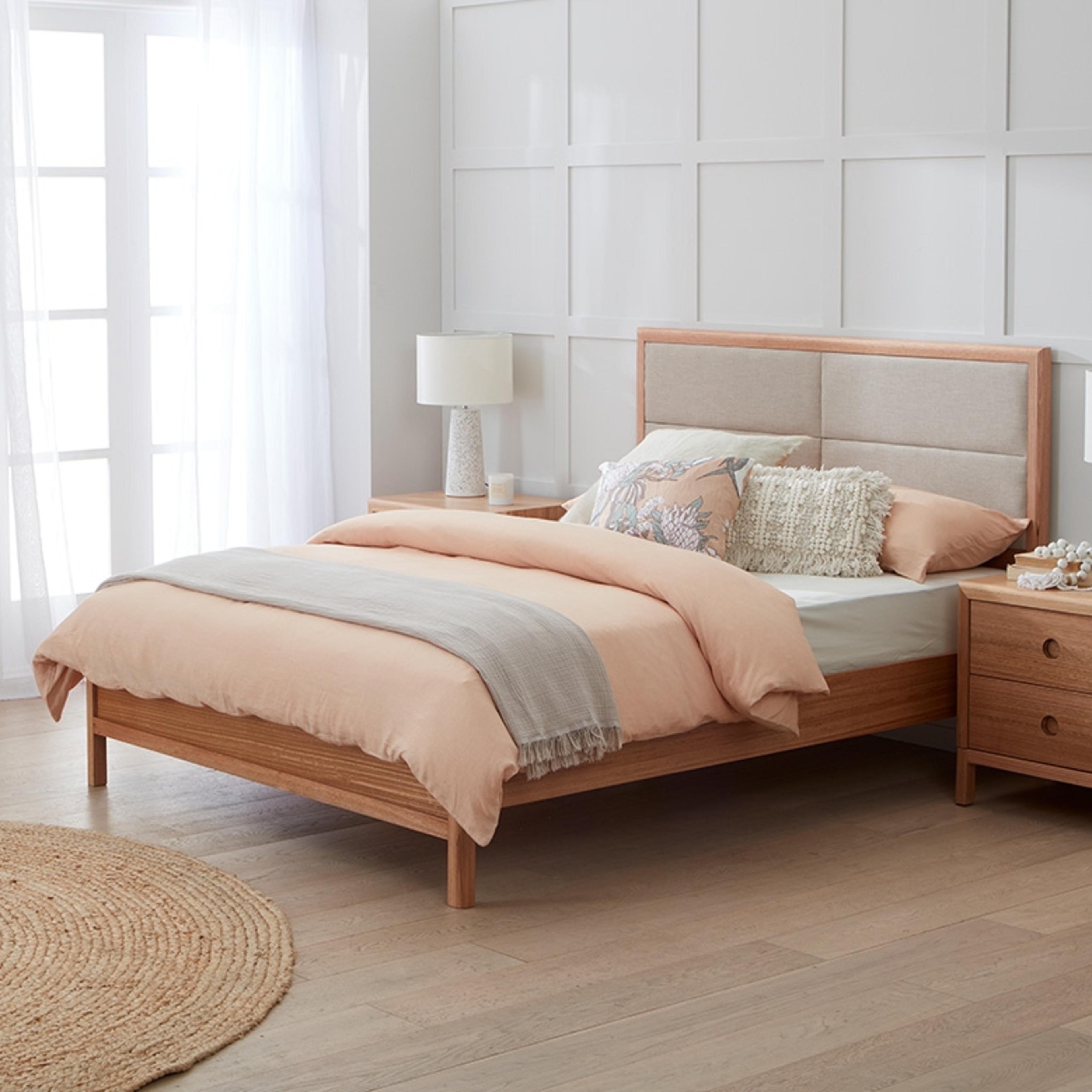 Lifestyle image of the Airlie Bed Frame, W/ Upholstered Headboard, Natural-Keylargo Almond from Forty Winks