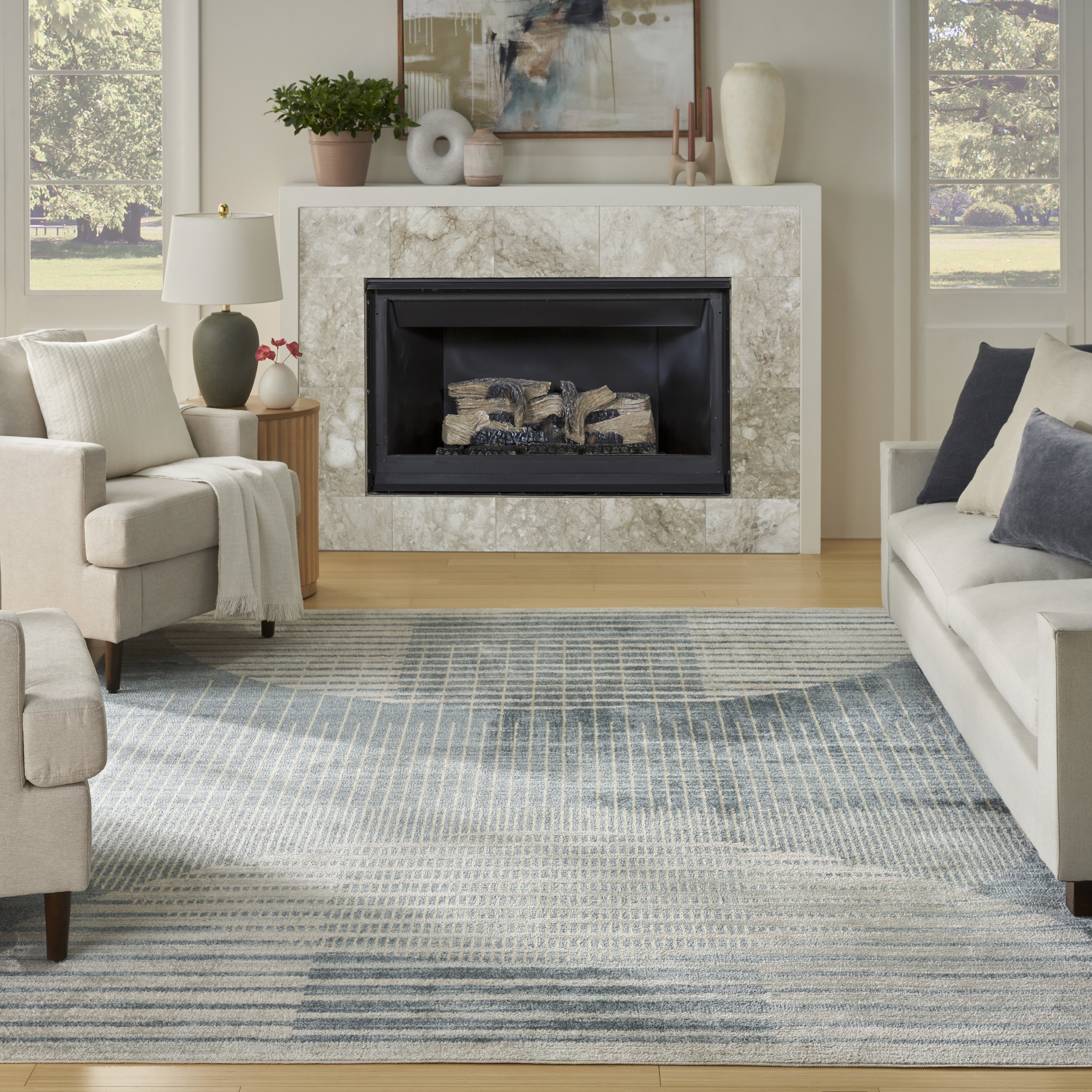 Nourison Astra Machine Washable 9' x 12' Blue Mid-Century Modern Indoor Rug