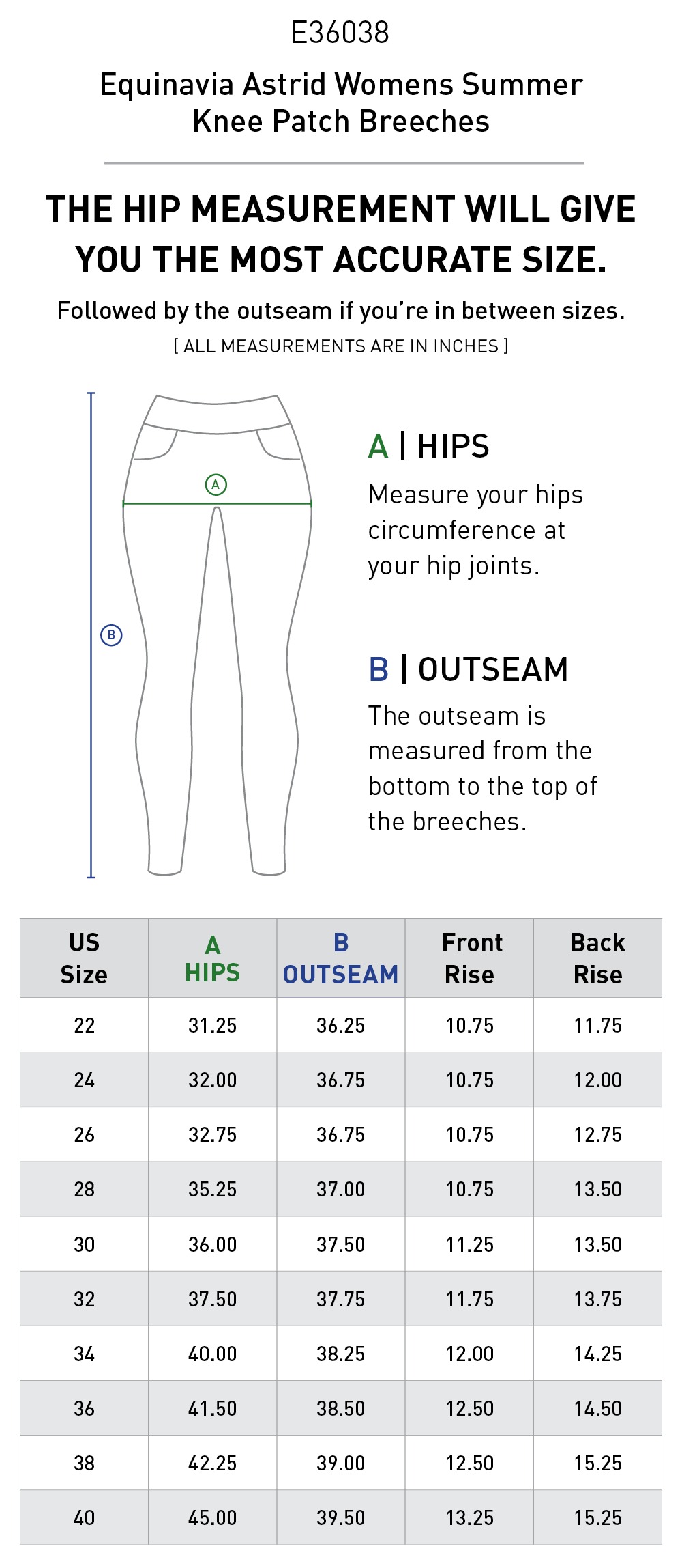 Size chart for Equinavia Astrid Womens Summer Knee Patch Breeches - Slate Gray/Galaxy Blue