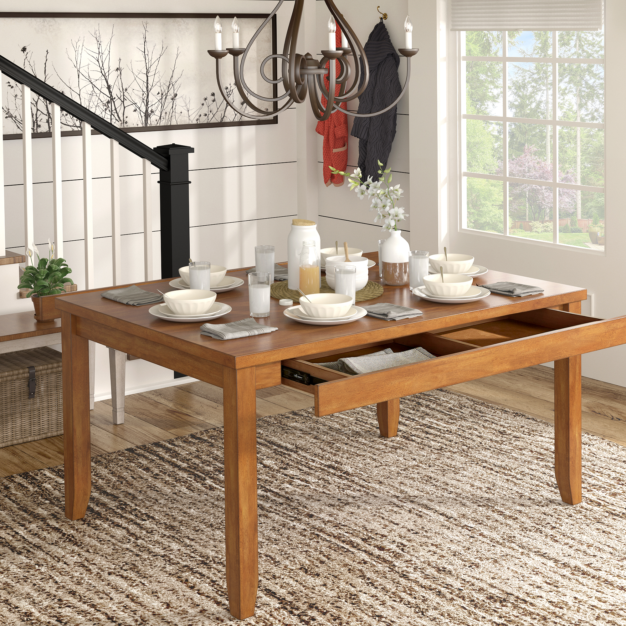 Solid Wood Rectangular Dining Table with Two Drawers
