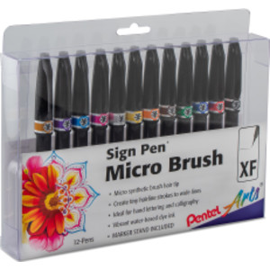 Sign Pen Micro Brush Tip, Assorted Ink Colors, 12-Pack in Plastic Box