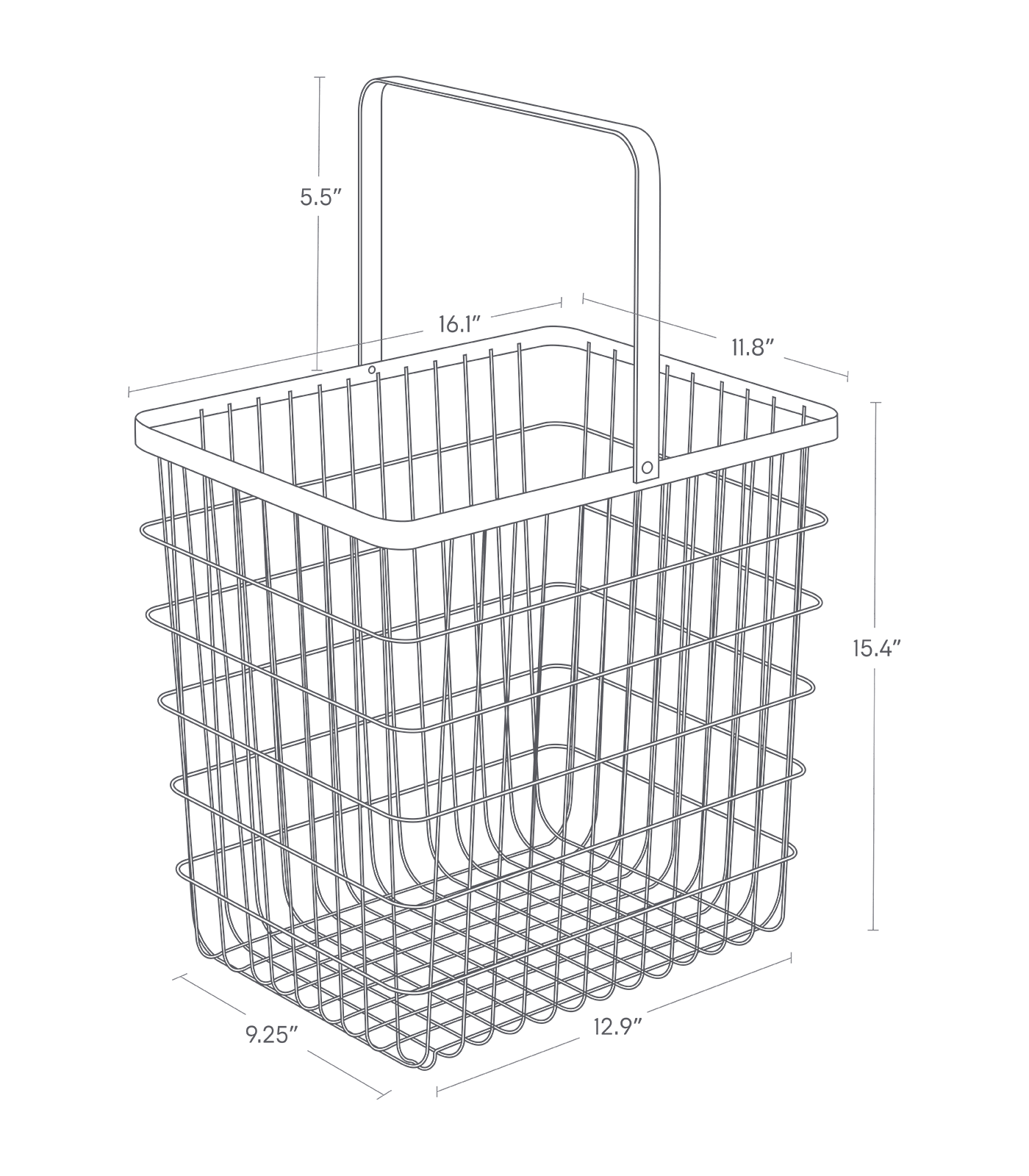 Dimension image for Wire Basket showing a total bottom length of 12.9 inchesand width of 9.25 inches and height of 15.4 inches. Top length and width is 16.1 inches and 11.8 inches. Basket handle is 5.5 inches long.