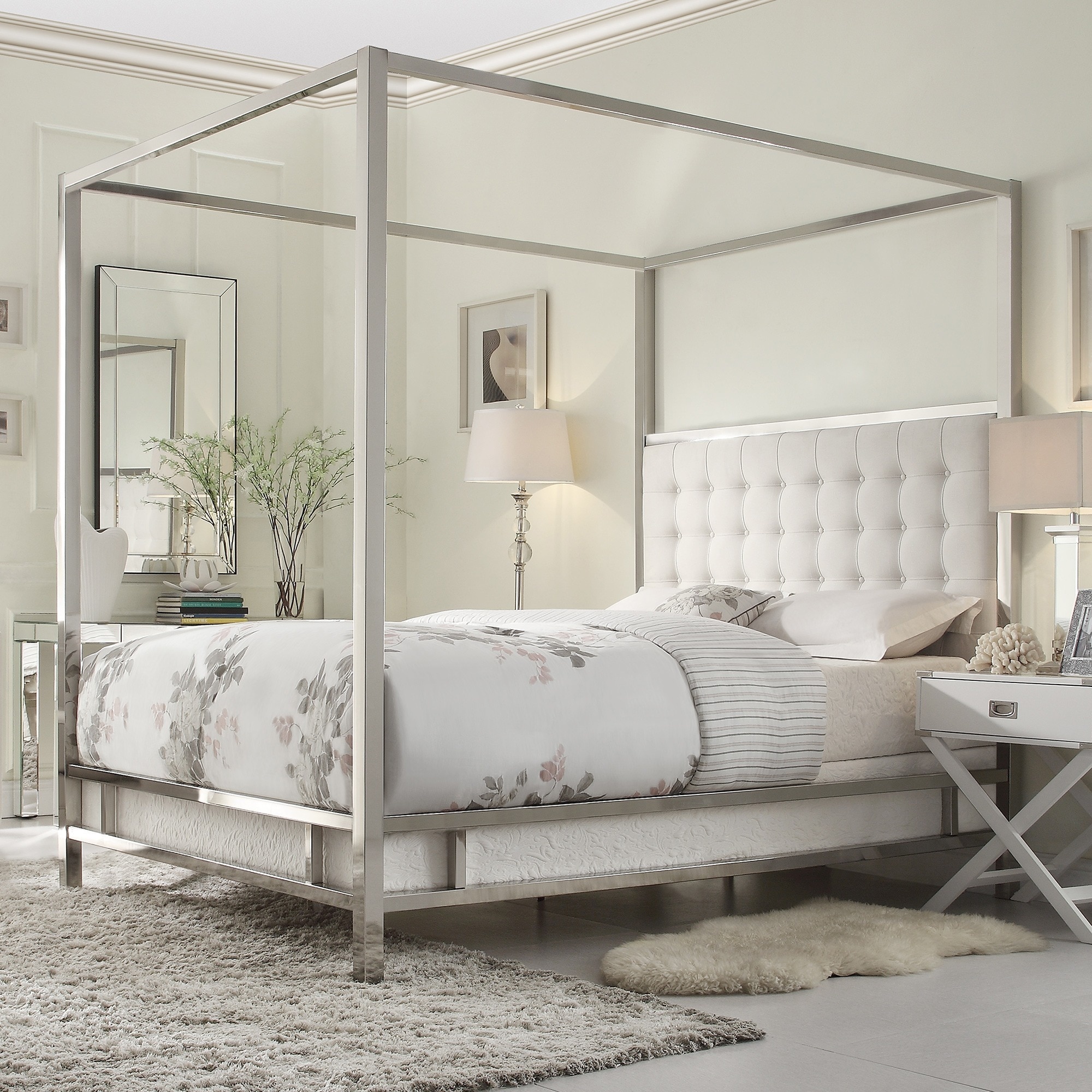 Metal Canopy Bed with Upholstered Headboard