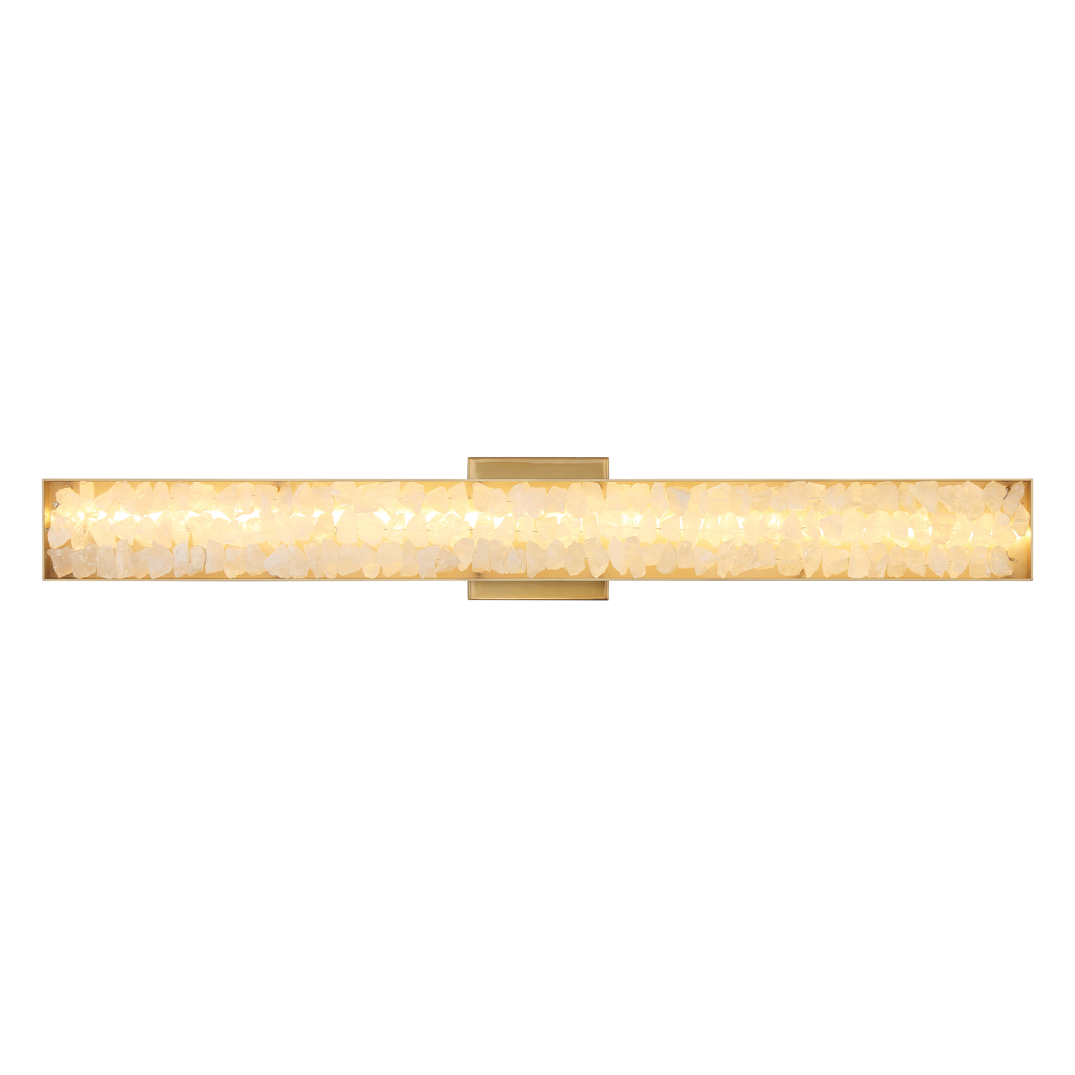 The Divinely wall sconce combines contemporary elegance with functional brilliance. Its 32-inch linear design features quartz crystalline accents set in warm Celeste Brass, delivering 3,285 lumens of high-CRI LED light perfect for vanity or statement wall applications. - alternate view