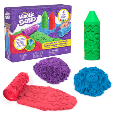 Kinetic Sand, Stamp N' Roll Crayon Multi-Pack with 12 oz Purple, Green, Blue & Red Play Sand, Toddler Toys, Arts and Crafts Kids Toys for Girls & Boys Ages 3 and up