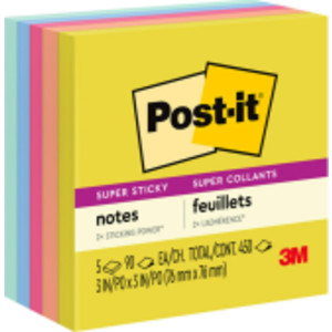 Super Sticky Notes, 3x3 in, Summer Joy Collection, Assorted Colors, 90 Sheets/Pad, 5 Pads/Pack