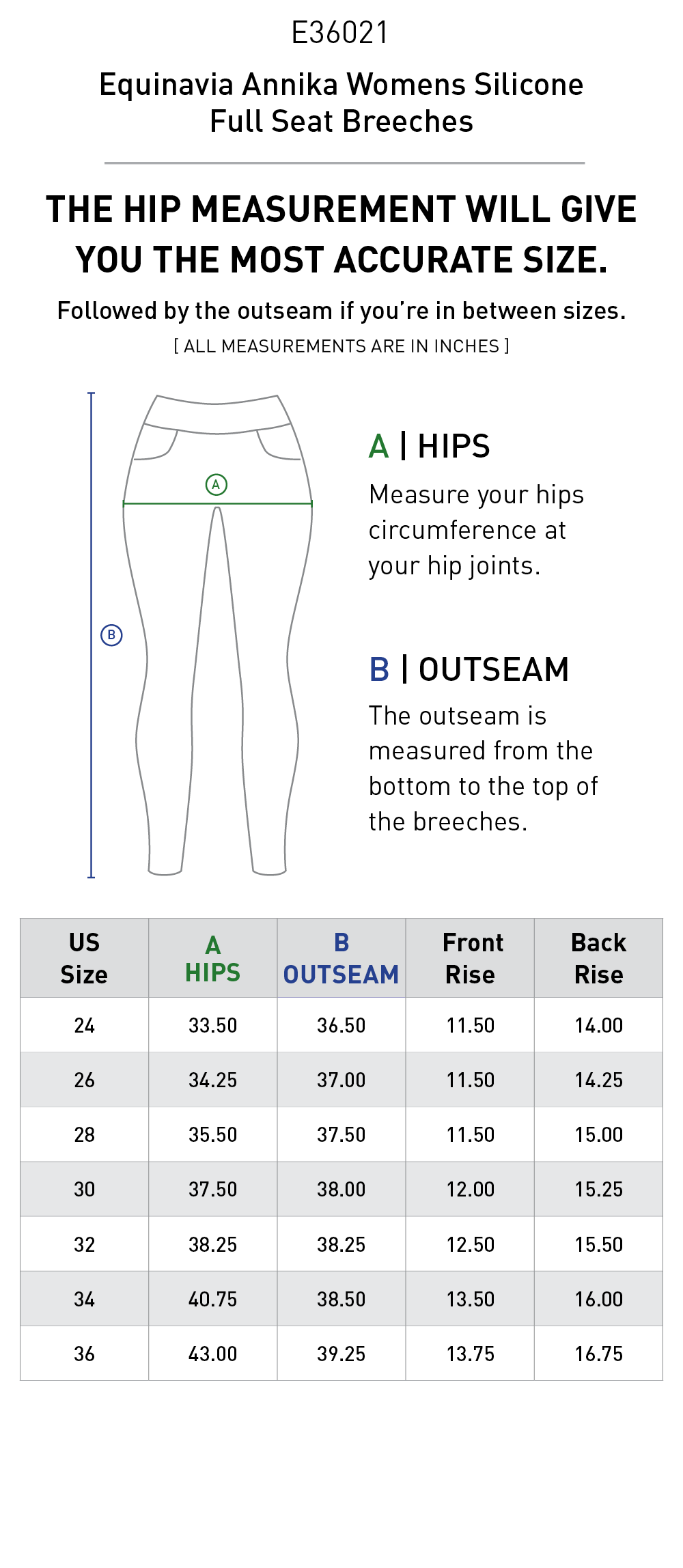 Size chart for Equinavia Annika Womens Silicone Full Seat Breeches - Galaxy Blue