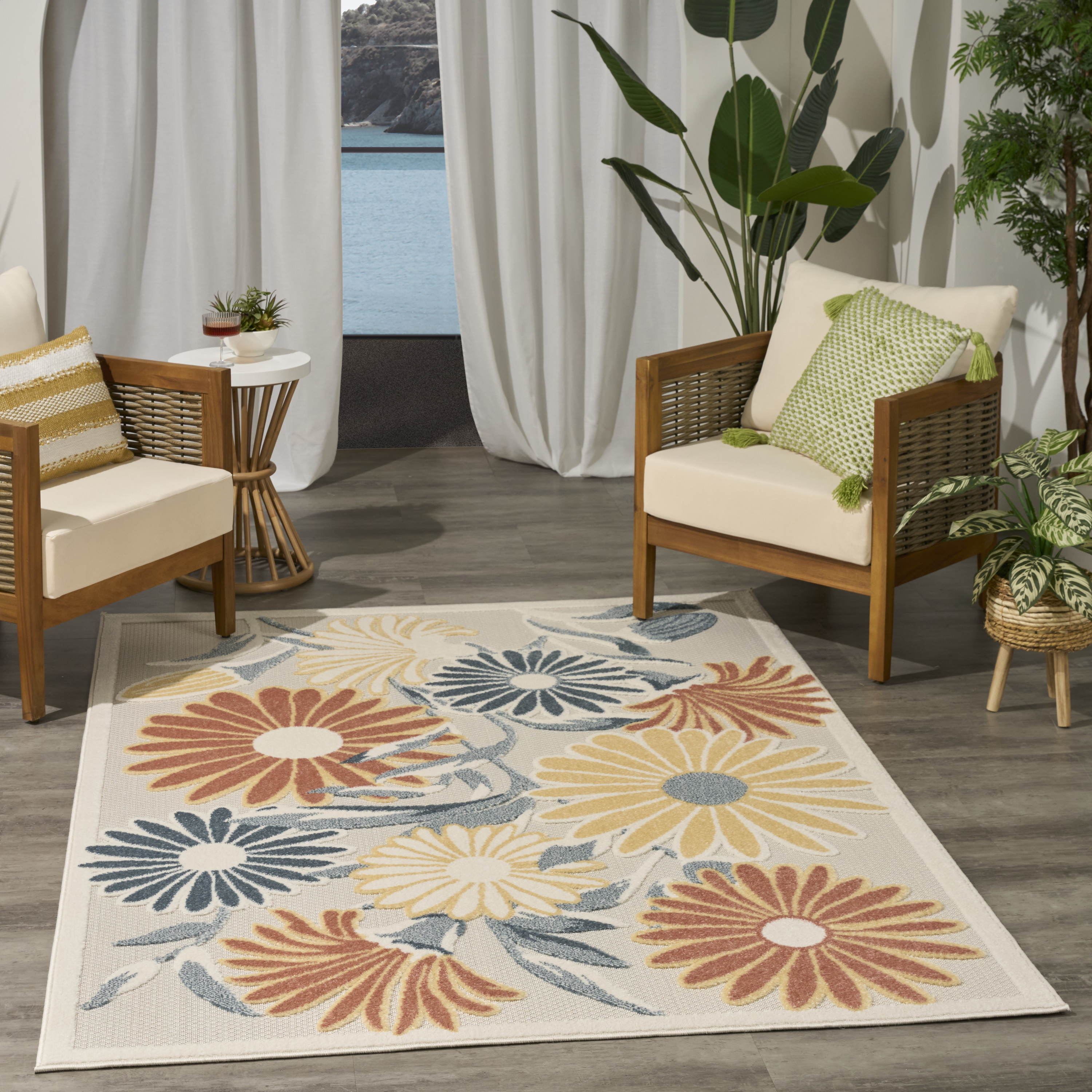 Nourison Aloha 5'3" x 7'5" Ivory Rose Outdoor Rug