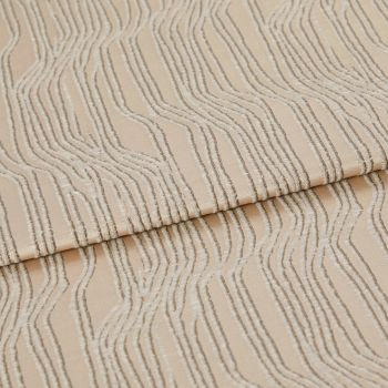 Beige textured fabric with raised, irregular wavy stripes—folded once across the middle—close-up view of a textile sample under soft, neutral studio lighting.