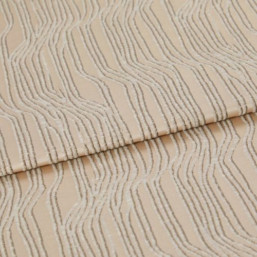 Beige textured fabric with raised, irregular wavy stripesâ€”folded once across the middleâ€”close-up view of a textile sample under soft, neutral studio lighting.