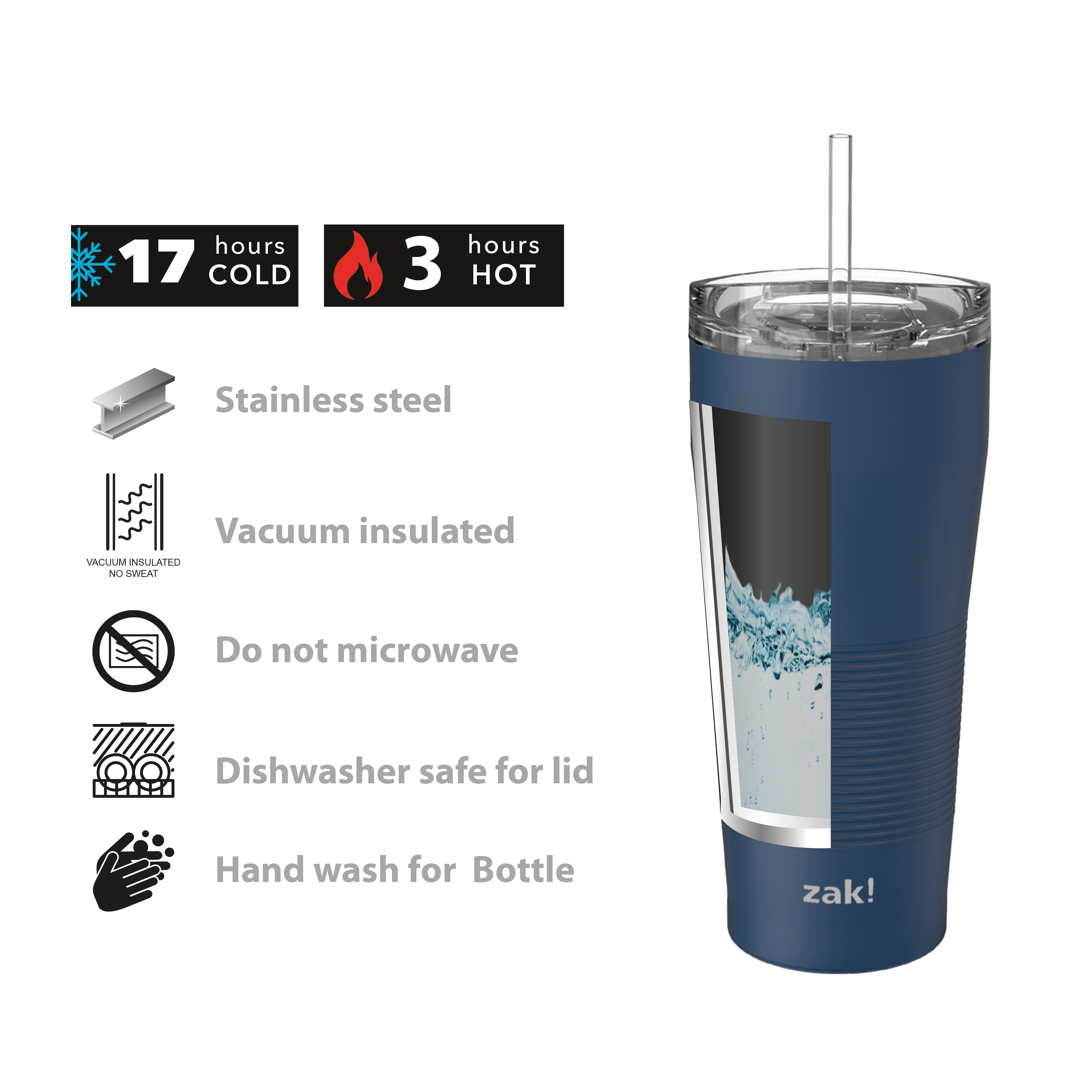 Zak Hydration 28 ounce Stainless Steel Vacuum Insulated Tumbler with Straw, Arctic Blue slideshow image 4